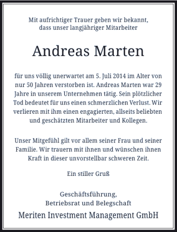 Todesanzeige von Andreas Marten von Rheinische Post