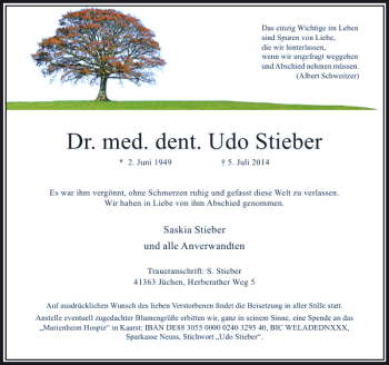 Todesanzeige von Udo Stieber Dr. med. dent. von Rheinische Post