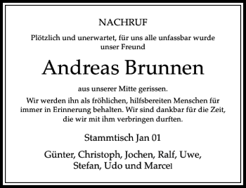 Todesanzeige von Andreas Brunnen von Rheinische Post