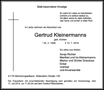 Todesanzeige von Gertrud Kleinermanns von Rheinische Post