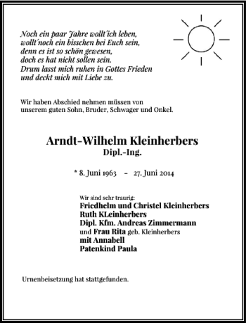 Todesanzeige von Arndt-Wilhelm Kleinherbers von Rheinische Post