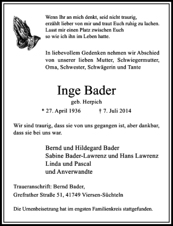 Todesanzeige von Inge Bader von Rheinische Post