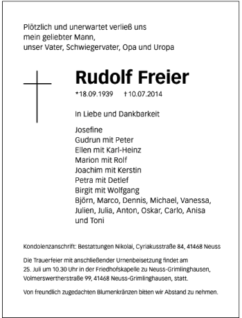 Todesanzeige von Rudolf Freier von Rheinische Post