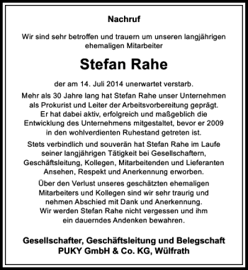Todesanzeige von Stefan Rahe von Rheinische Post