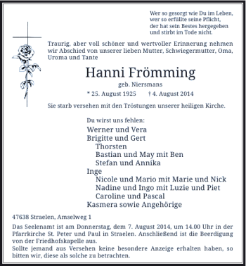 Todesanzeige von Hanni Frömming von Rheinische Post