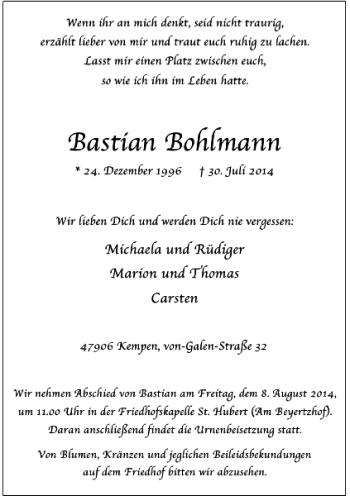 Todesanzeige von Bohlmann Sebastian von Rheinische Post