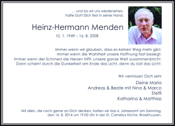 Todesanzeige von Heinz-Hermann Menden von Rheinische Post