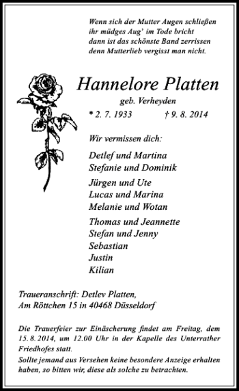 Todesanzeige von Hannelore Platten geb. Verheyden von Rheinische Post