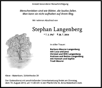Todesanzeige von Stephan Langenberg von Rheinische Post