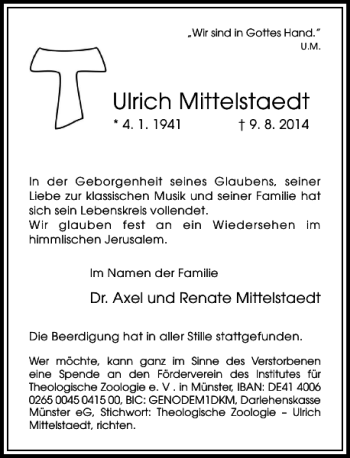 Todesanzeige von Ulrich Mittelstaedt von Rheinische Post