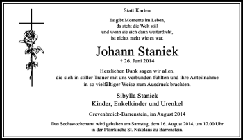 Todesanzeige von Johann Staniek von Rheinische Post