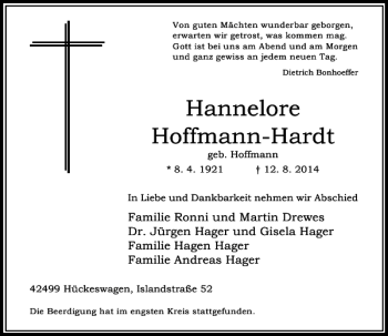 Todesanzeige von Hannelore Hoffmann-Hardt von Rheinische Post