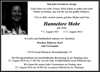 Todesanzeige von Hannelore Mohr von Rheinische Post