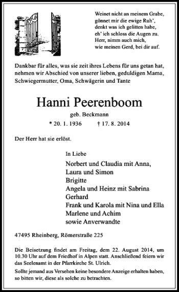 Todesanzeige von Hanni Peerenboom von Rheinische Post
