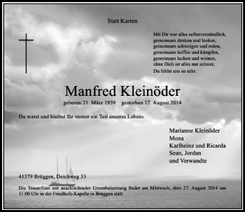Todesanzeige von Manfred Kleinöder von Rheinische Post