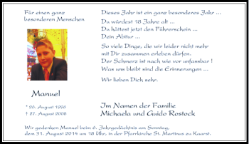 Todesanzeige von Manuel Rostock von Rheinische Post