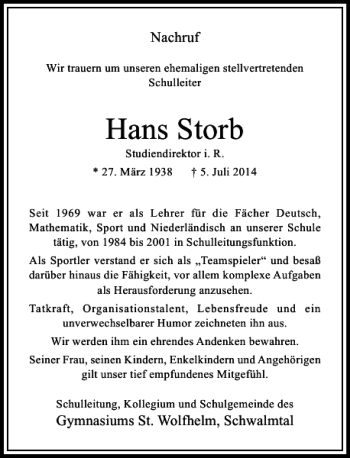 Todesanzeige von Hans Storb von Rheinische Post