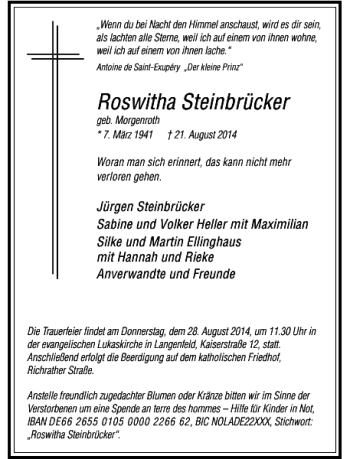 Todesanzeige von Roswitha Steinbrücker von Rheinische Post