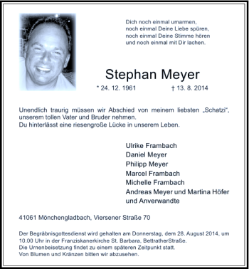 Todesanzeige von Stephan Meyer von Rheinische Post