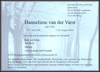 Todesanzeige von Hanneliese van der Varst von Rheinische Post