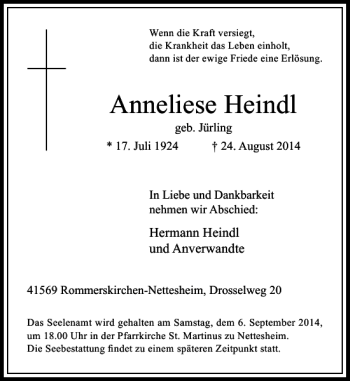 Todesanzeige von Heindl Anneliese von Rheinische Post