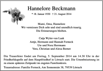 Todesanzeige von Hannelore Beckmann von Rheinische Post