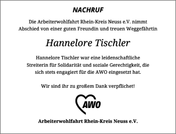 Todesanzeige von Hannelore Tischler von Rheinische Post