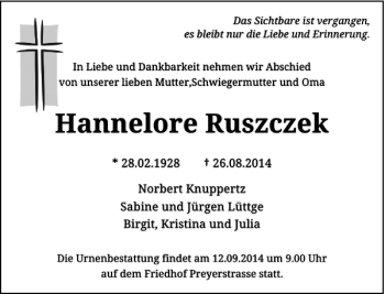 Todesanzeige von Hannelore Ruszczek von Rheinische Post