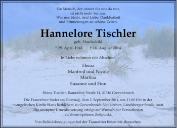 Todesanzeige von Hannelore Tischler von Rheinische Post