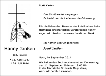 Todesanzeige von Hanny Janßen von Rheinische Post