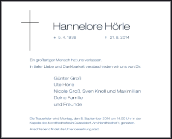 Todesanzeige von Hannelore Hörle von Rheinische Post
