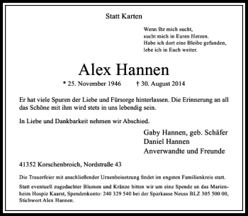 Todesanzeige von Alex Hannen von Rheinische Post