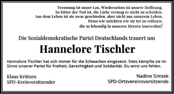 Todesanzeige von Hannelore Tischler von Rheinische Post