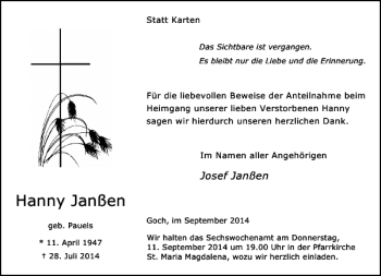 Todesanzeige von Hanny Janßen von Rheinische Post