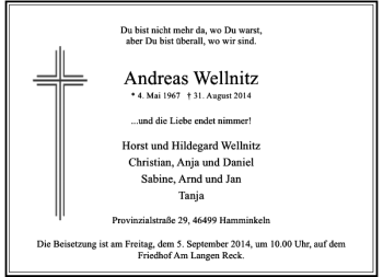 Todesanzeige von Andreas Wellnitz von Rheinische Post