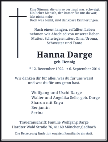 Todesanzeige von Hanna Darge von Rheinische Post