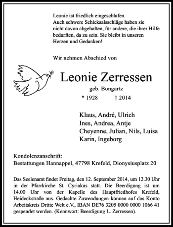 Todesanzeige von Leonie Zerressen von Rheinische Post