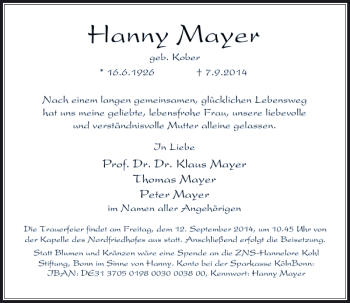 Todesanzeige von Hanny Mayer von Rheinische Post