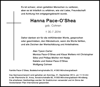 Todesanzeige von Hanna Pace-O'Shea von Rheinische Post