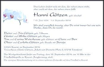 Todesanzeige von Hanni Götzen von Rheinische Post