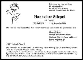 Todesanzeige von Hannelore Stiepel von Rheinische Post