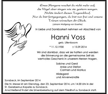 Todesanzeige von Hanni Voss von Rheinische Post