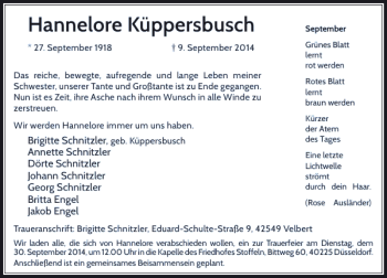 Todesanzeige von Hannelore Küppersbusch von Rheinische Post