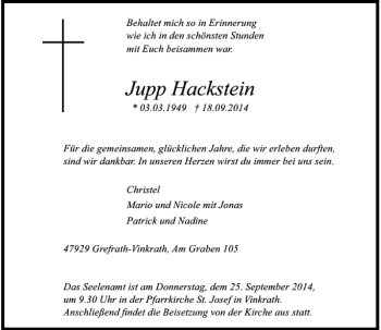 Todesanzeige von Jupp Hackstein von Rheinische Post