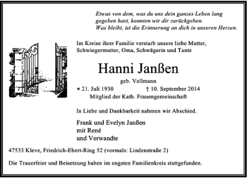Todesanzeige von Hanni Janßen von Rheinische Post