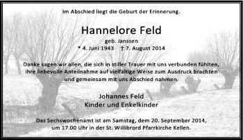 Todesanzeige von Hannelore Feld von Rheinische Post