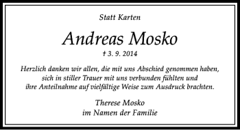 Todesanzeige von Andreas Mosko von Rheinische Post