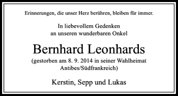 Todesanzeige von Leonhards Bernhard von Rheinische Post