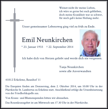 Todesanzeige von Emil Neunkirchen von Rheinische Post