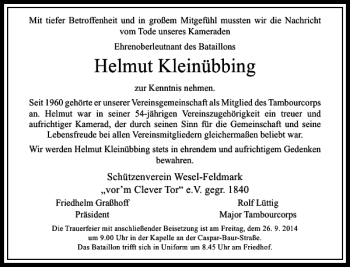 Todesanzeige von Helmut Kleinübbing von Rheinische Post